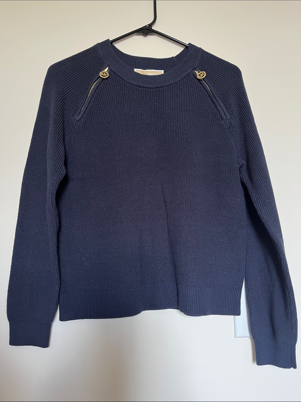 Michael Kors Navy Crew Neck Sweater with Gold Accent Buttons